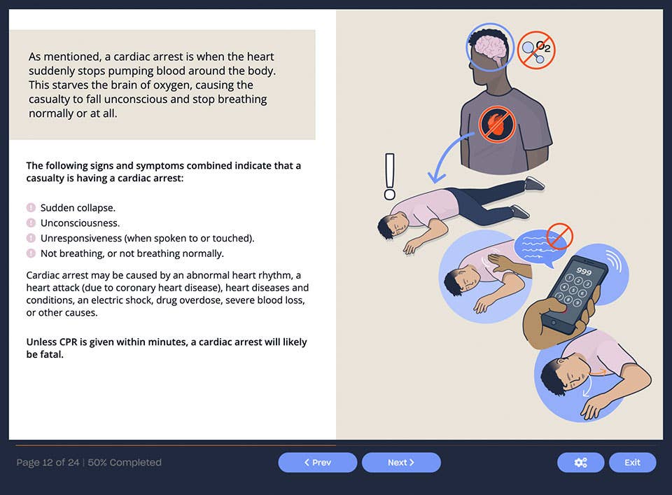Course screenshot showing the first steps of CPR