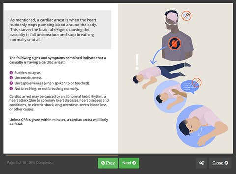 Course screenshot showing the first steps of CPR