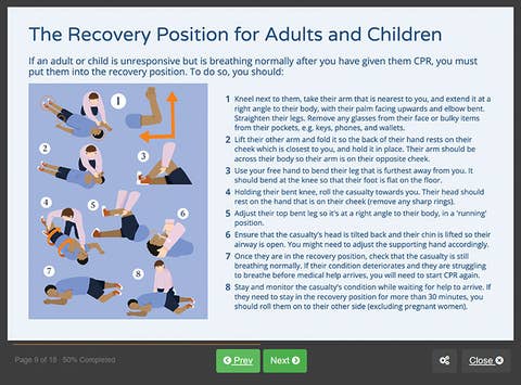 Course screenshot showing the recovery position for adults and children