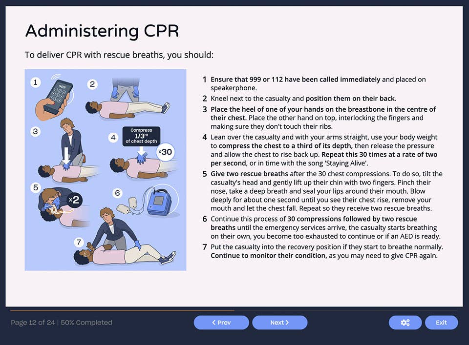 Course screenshot showing how to administer CPR to adults