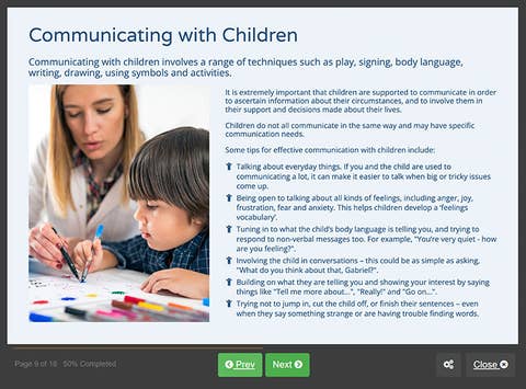 Course screenshot showing communicating with children