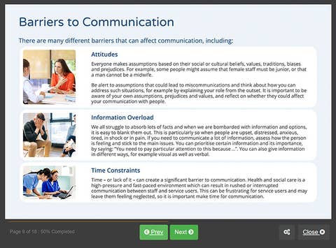 Course screenshot showing barriers to communication