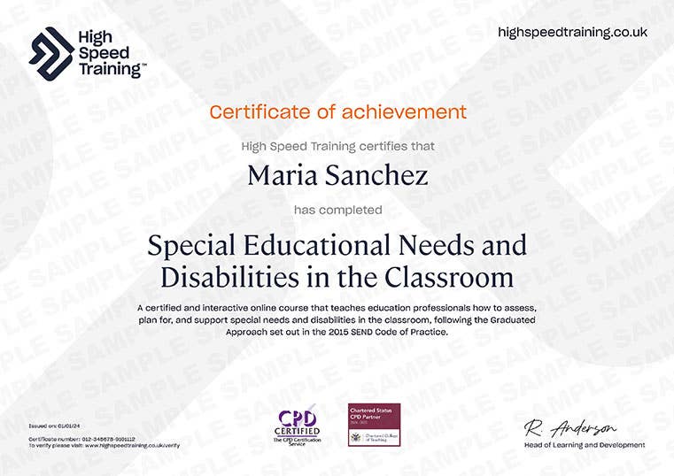 Sample Special Educational Needs and Disabilities in the Classroom Certificate