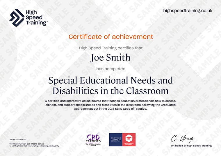 Sample Special Educational Needs and Disabilities in the Classroom Certificate