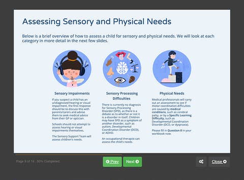 Course screenshot assessing sensory and physical needs