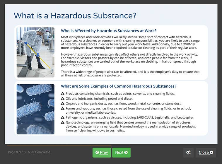 Course screenshot showing what is a hazardous substance