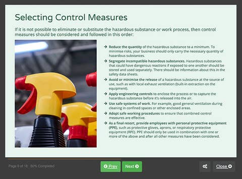 Course screenshot showing how to select control measures