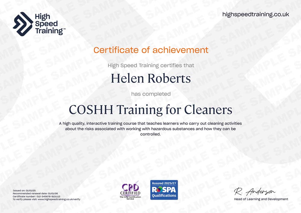 Sample COSHH Training for Cleaners certificate