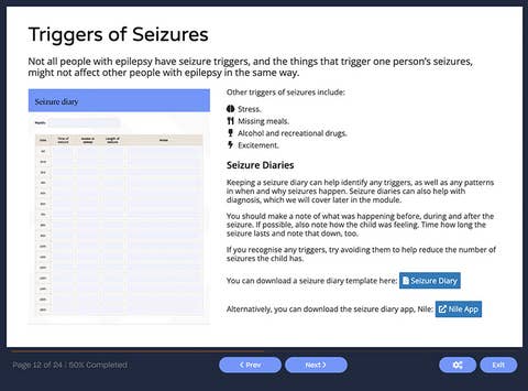 Course screenshot showing triggers of seizures