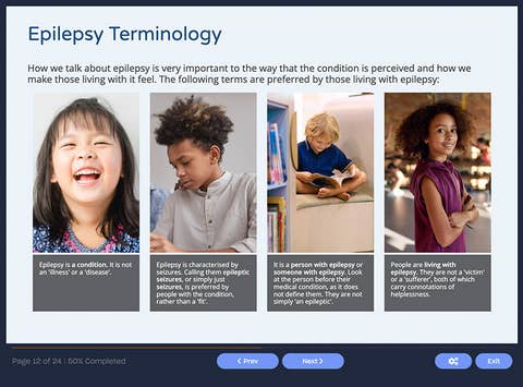 Course screenshot showing epilepsy terminology