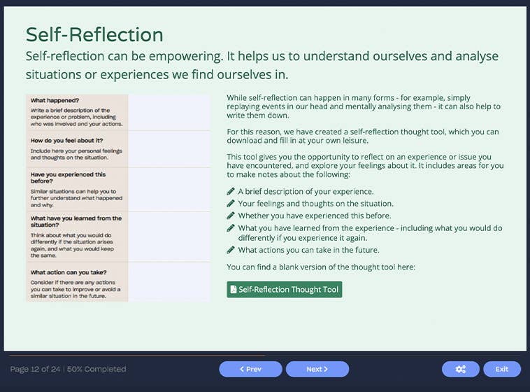 Course screenshot showing self-reflection