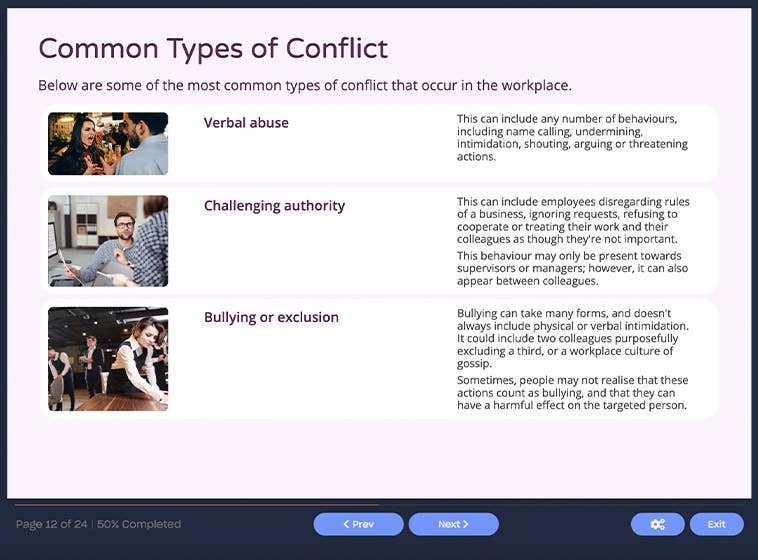 Course screenshot showing common types of conflict