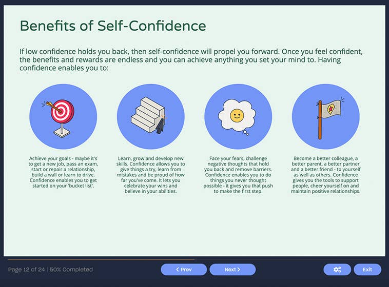 Course screenshot showing benefits of self-confidence