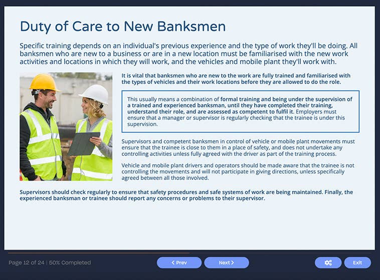 Course screenshot duty of care to new banksmen