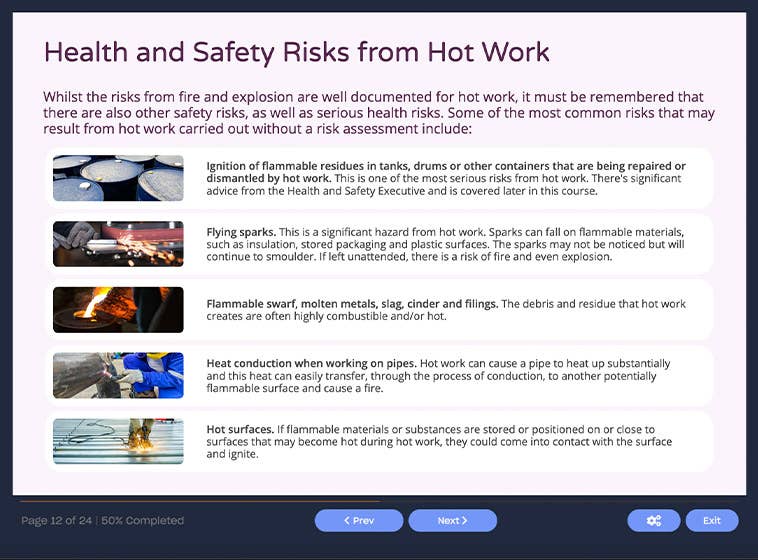Course screenshot showing health and safety risks from hot work