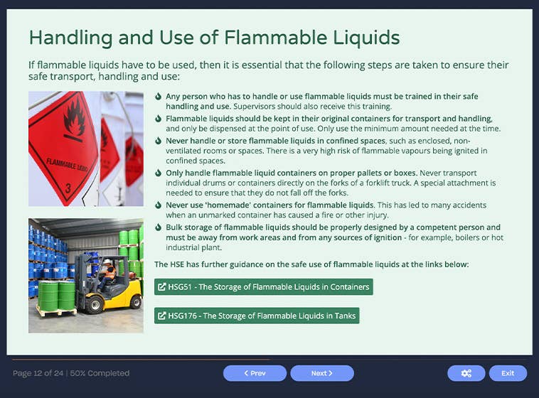 Course screenshot showing how to handle and use flammable liquids