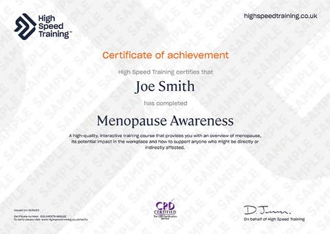 Sample Menopause Awareness certificate