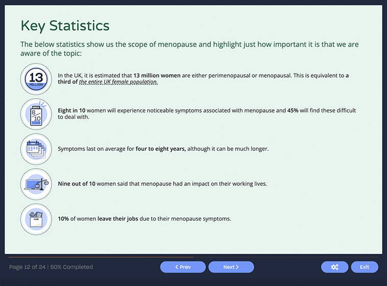 Course screenshot showing key statistics