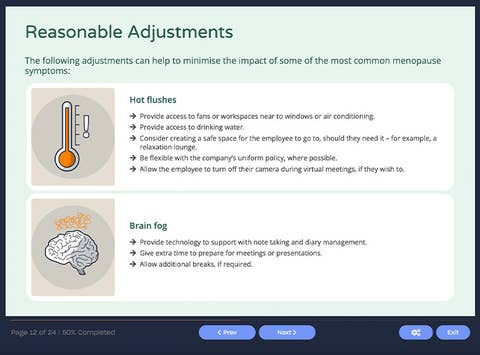 Course screenshot showing reasonable adjustments