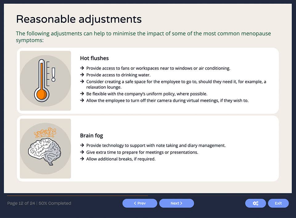 Course screenshot showing reasonable adjustments