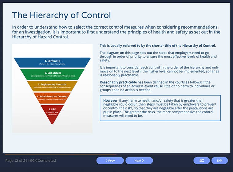 Course screenshot showing the hierarchy of control