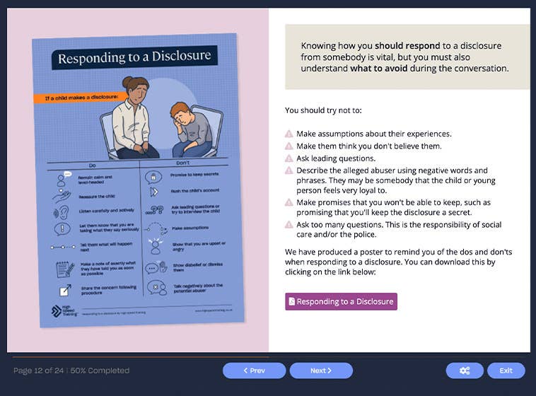Course screenshot showing how to respond to a disclosure