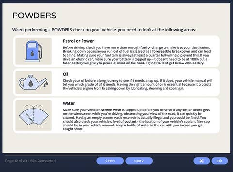 Course screenshot showing powders