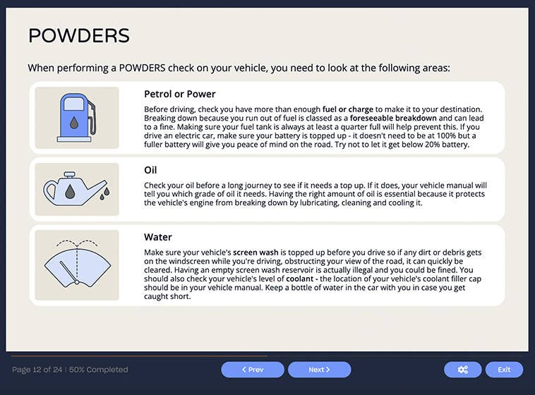 Course screenshot showing powders