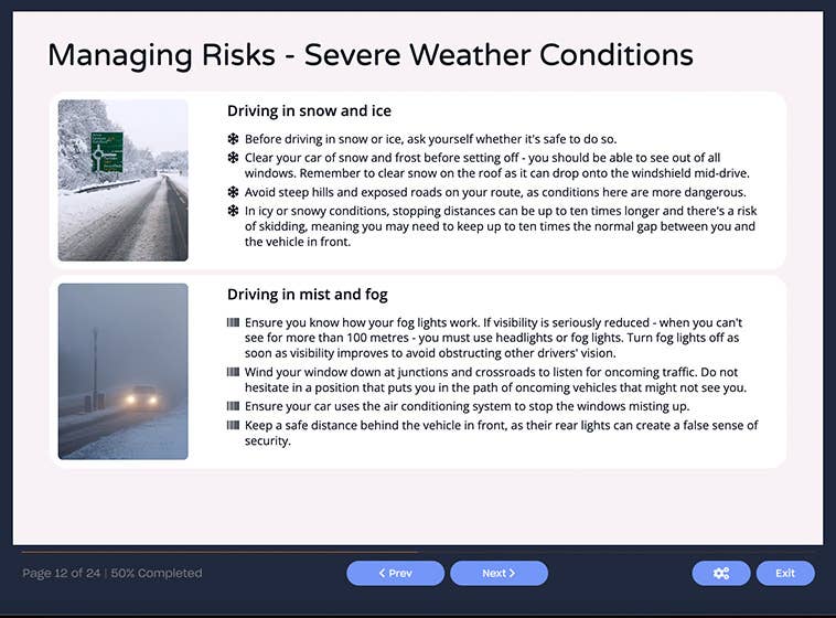 Course screenshot showing how to manage the risk of severe weather conditions