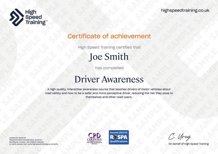 Sample Driver Awareness Certificate