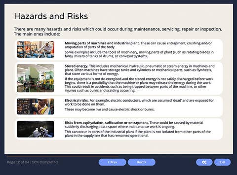 Course screenshot showing hazards and risks
