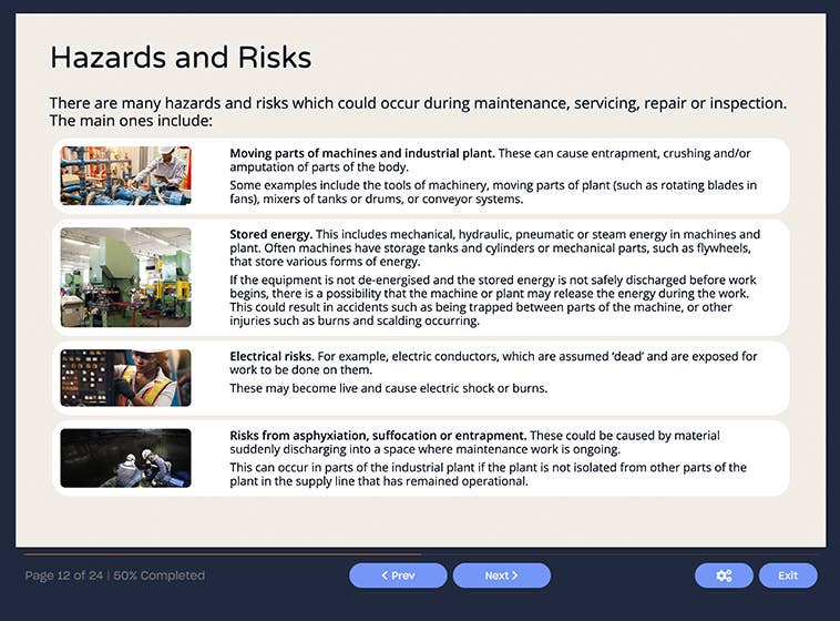 Course screenshot showing hazards and risks