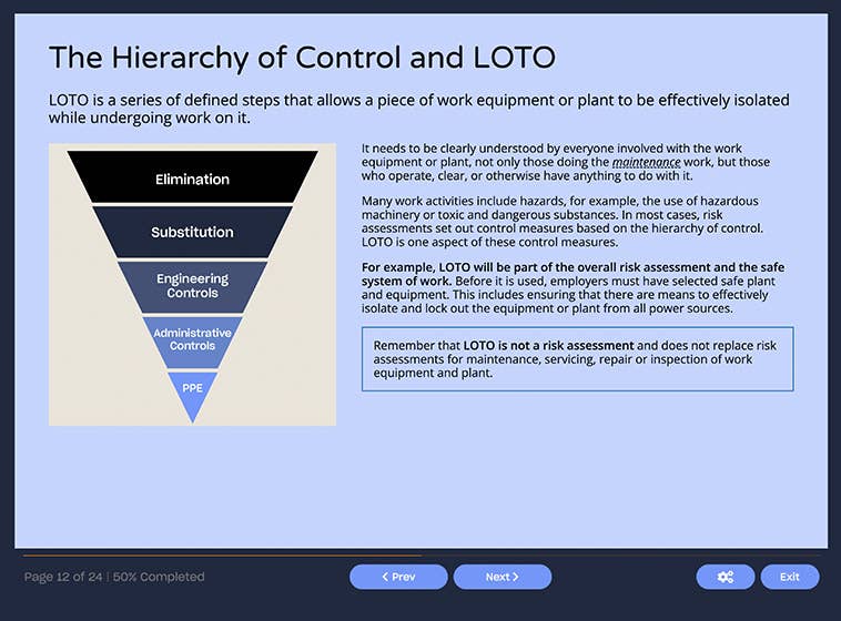 Course screenshot showing the hierarchy of control and LOTO