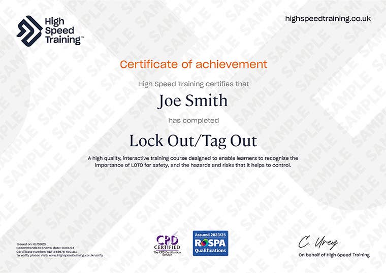 Sample Lock Out/Tag Out Certificate