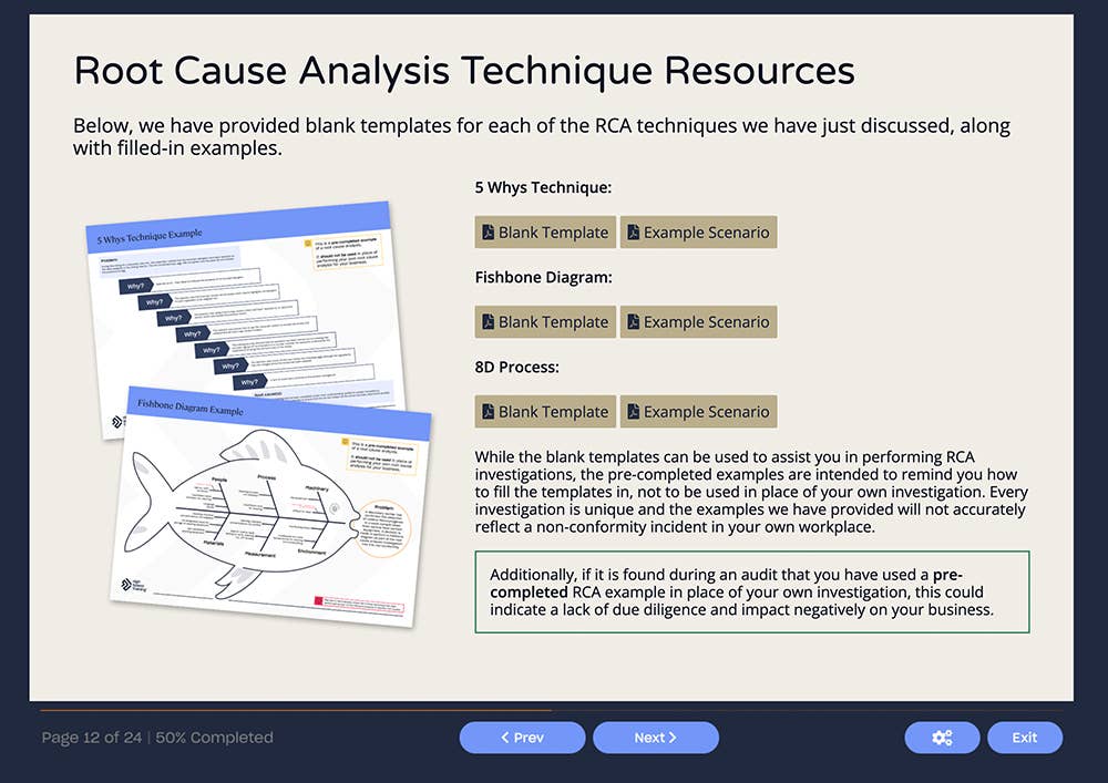 Course screenshot showing root cause analysis technique resources