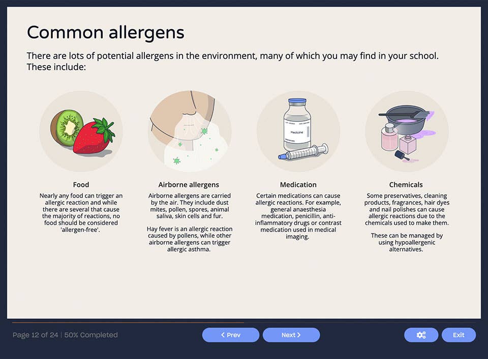Course screenshot showing common allergies