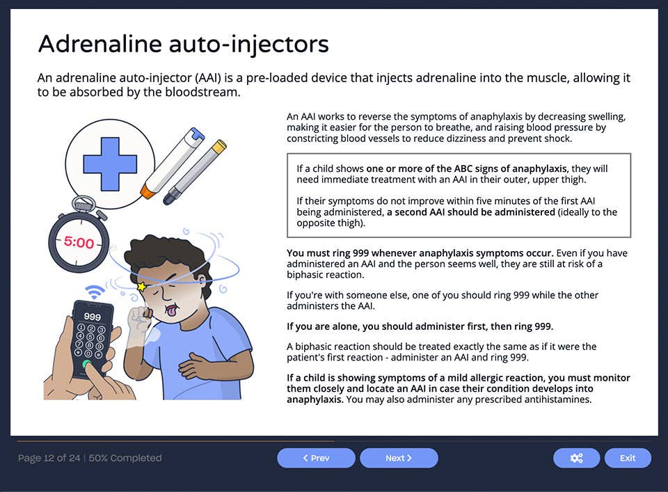 Course screenshot showing adrenaline auto-injectors