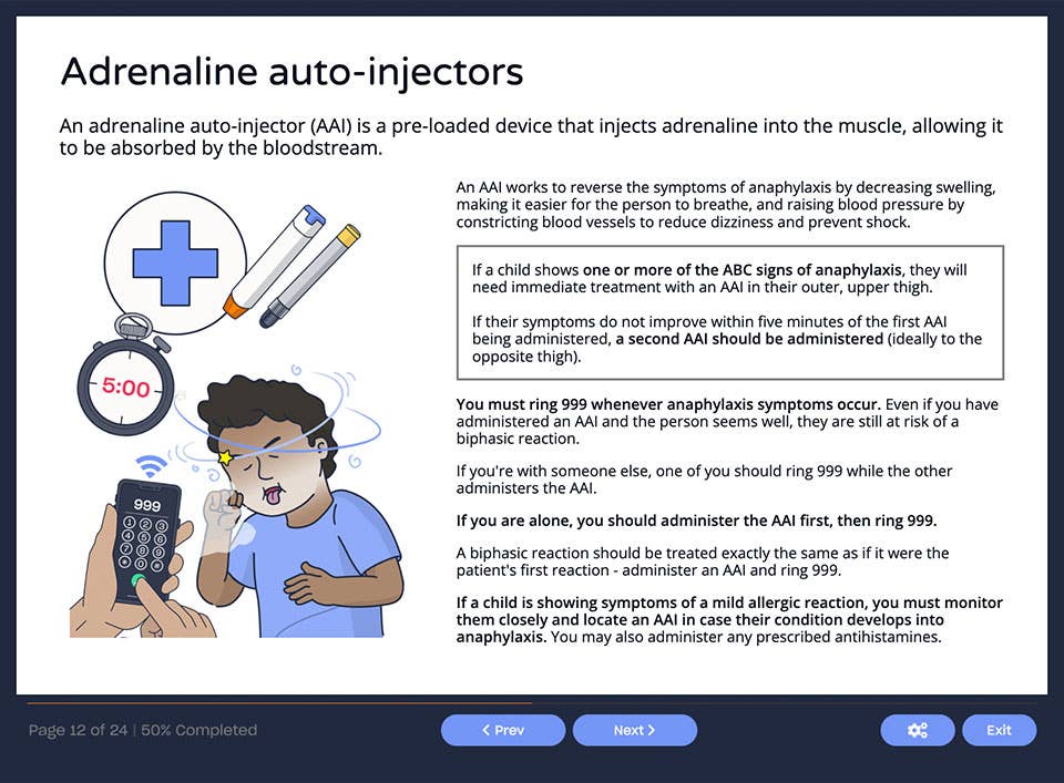 Course screenshot showing adrenaline auto-injectors