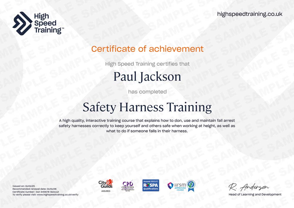 Sample Safety Harness Training certificate