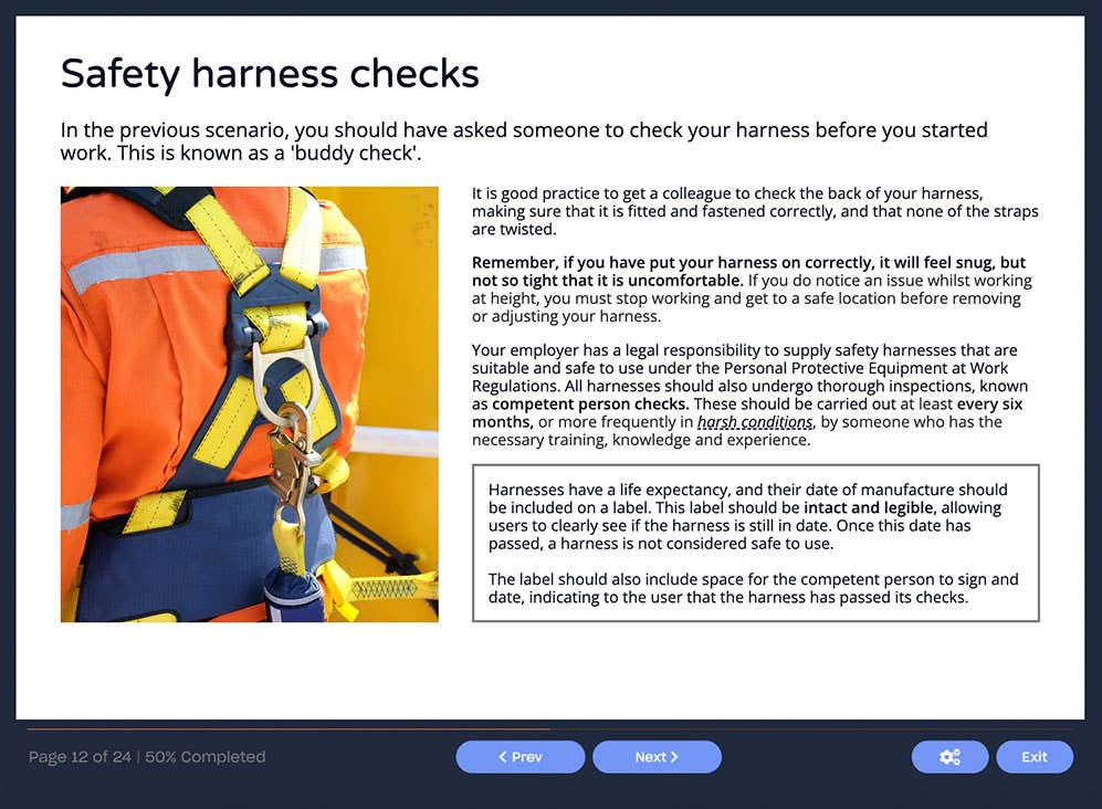 Course screenshot of a slide showing how to perform safety harness checks