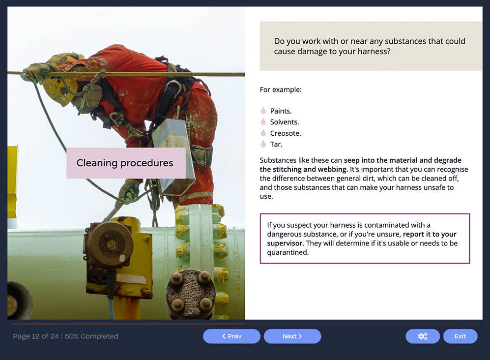 Course screenshot of a slide showing cleaning procedures