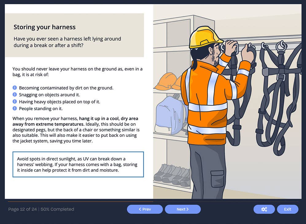 Course screenshot of a slide showing how to store your harness