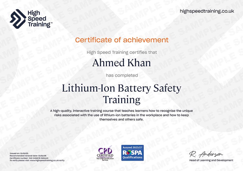 Sample Lithium-Ion Battery Safety Training certificate