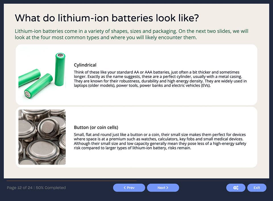 Course screenshot showing what lithium-ion batteries look like
