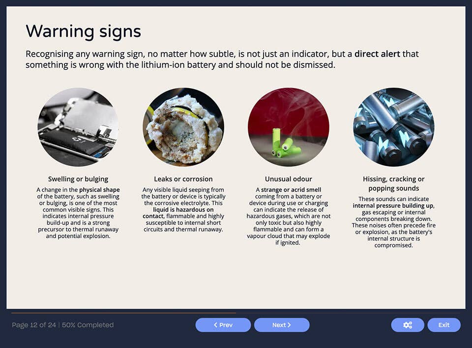 Course screenshot showing warning signs