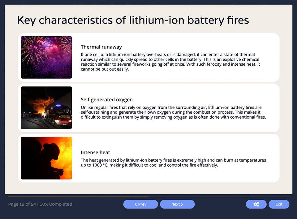 Course screenshot showing key characteristics of lithium-ion battery fires