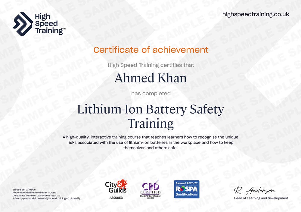 Sample Lithium-Ion Battery Safety Training certificate