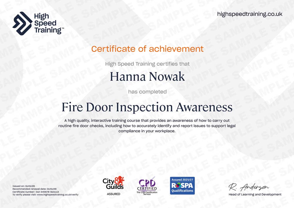 Sample Fire Door Inspection Awareness Certificate