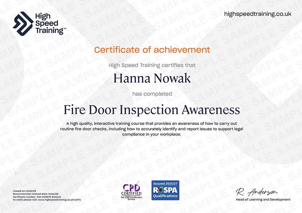 Sample Fire Door Inspection Awareness Certificate