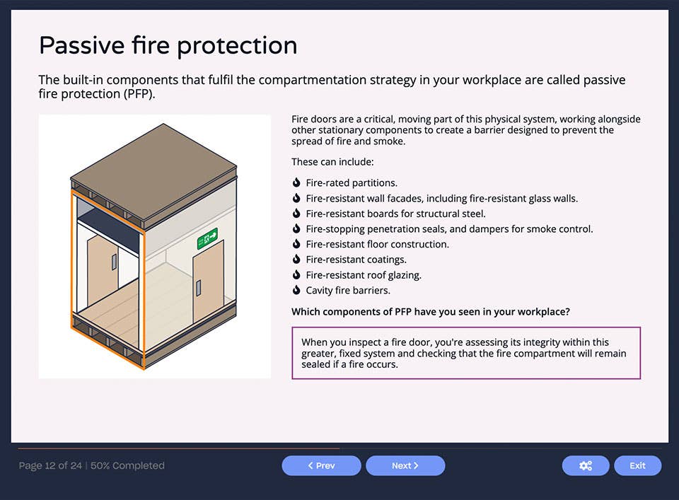 Course screenshot showing passive fire protection